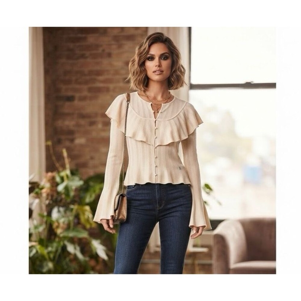 House of Harlow Ruffled Pointelle Knit Sweater Top sz S Cream Boho Cottagecore